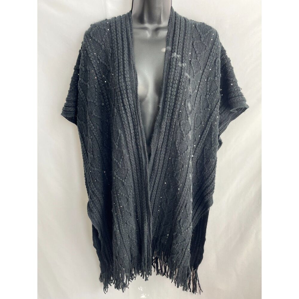 The Skyline Collection Cardigan Sweater Poncho Chunky Cable Knit Black Sequin OS